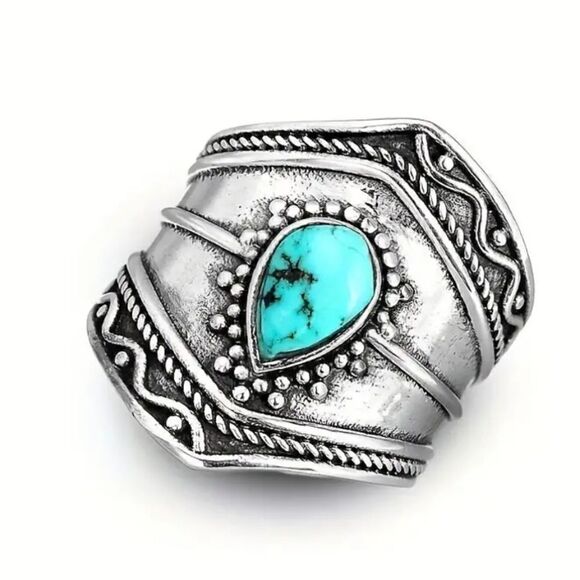 Irregular Band Ring Inlaid with Artificial Turquoise Decorative Bohemian Ring - Picture 1 of 12